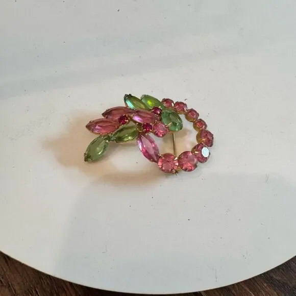 Vintage Juliana Brooch Pin Pendant Pink And Green unsigned - Picture 4 of 5